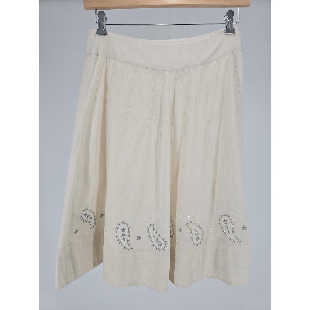 Fransa Ivory‎ 100% Cotton Embroidered Paisley Midi Skirt Boho Cottagecore US 8